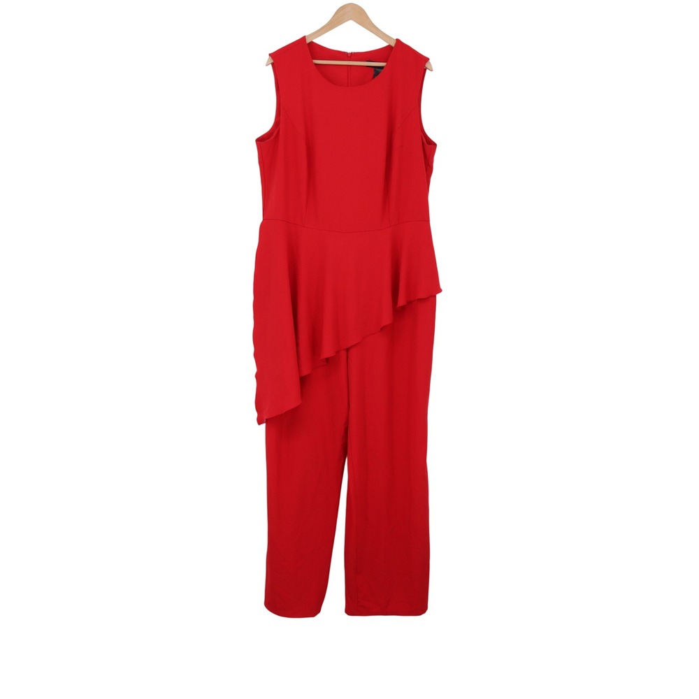 Ashley Stewart Jumpsuit Womens 18/20 Peplum Asymmetrical Red Wide Leg Good